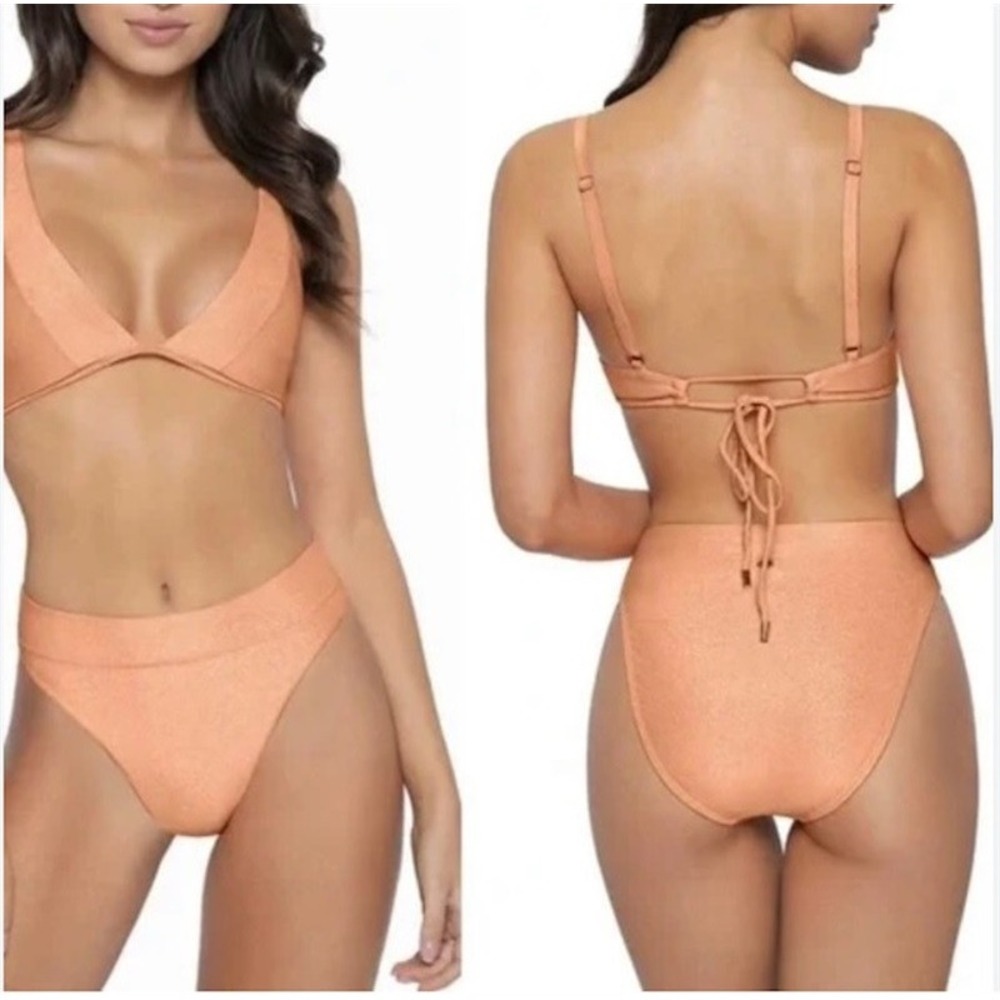NWOT Pilyq Citrine M Skylar Halter Bikini Swim Top Sparkle Orange 132382
